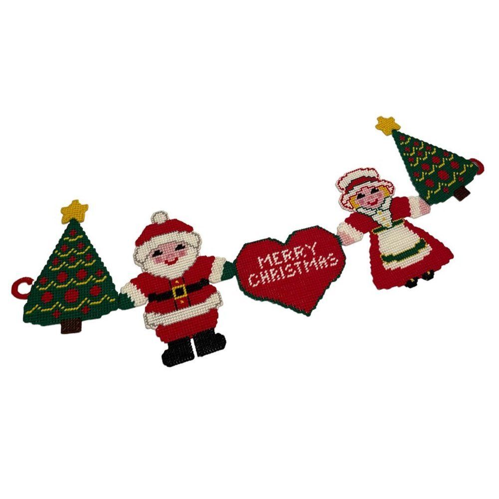 vintage Merry Christmas Hanging Banner Canvas Embroidery Wall Decor Heart Santa